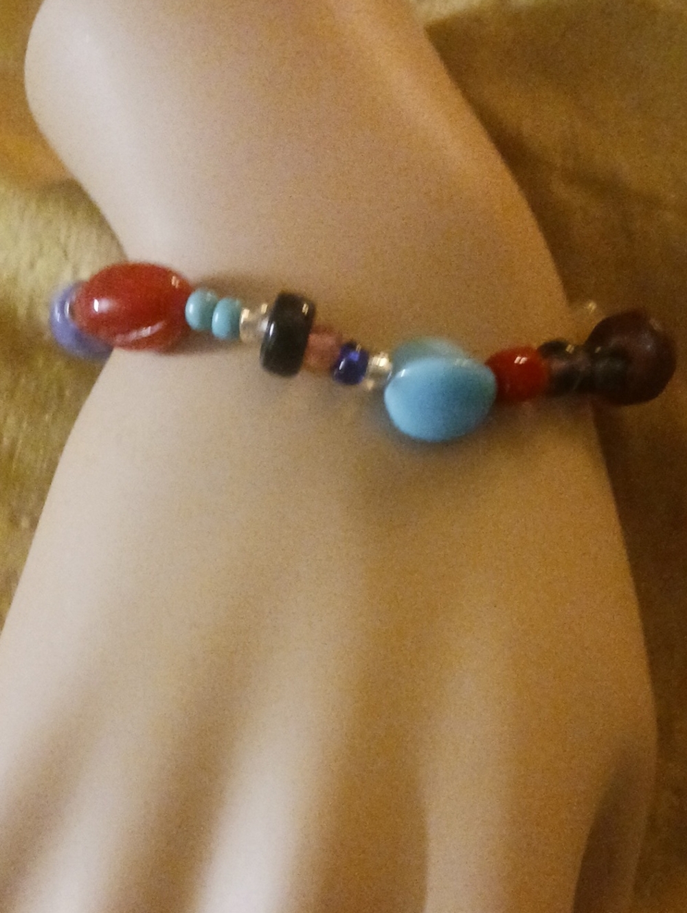 Multicolor Beaded Stretch Bracelet - Turquoise & Red